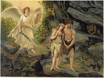 Adam och Eva drivs ut ur det jordiska paradiset (Eden) av ärkeängeln - i „Aurea Bibbia classica: storia della rivelazione divina nell
