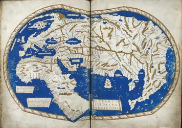 Lägg till 15760 f.68v-69 Karta över världen, från "Insularium Illustratum", av Enrico Martello, som är en redogörelse för öarna, främst av Medelhavet, med färgade planer, italienska, ca 1470 (vellum)