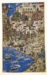 Lägg till 27695 f.5 Erövring av Tripoli i Syrien av sultanen av Egypten 1288, från Treatise on the Vices (vellum)