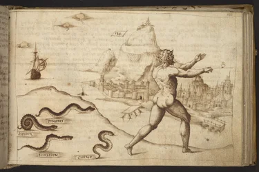 Lägg till. 82955, f.133   Ormar som jagar en mänsklig figur.  , från Historia Animalium, (bestående av 245 ritningar med penna och bläck av olika djurarter och mytiska varelser, var och en åtföljd av en beskrivning.)    1595