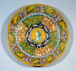 Aiguiere bassäng i majolica (maiolica) dekorerad i fajans av Faenza. Omkring 1540-1550. Paris, Louvren