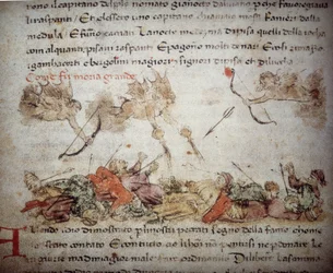 Allegorisk framställning av digerdöden i Europa 1347-48, från "Croniche del Sercambi", ca 1400 (penna och bläck på pergament)