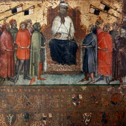 Allegori om regeringen i staden Siena omgiven av medborgare som är symboliskt kopplade till den med ett rep Anonym målning på trä av en Biccherna (omslag till redovisningsregistret för staden Siena) 1385. Siena Archivio di Stato, Italien