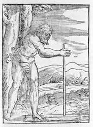 En indisk Tainos tänder en eld genom att gnugga två stycken trä. Gravyr från "" Navigationi och Viaggi"" av Giovanni Battista Ramusio (1485-1557), vol. III, Venedig 1565.