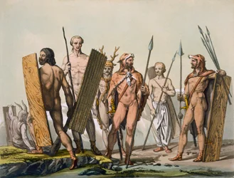 Forntida keltiska krigare klädda för strid, med en schaman, ca 1800-18