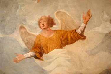 Ängel, detalj från scen ur Johannes liv (1600-talet), fresk, tidigkristen dopkapell, portik i Novaras katedral, Piemonte, Italien