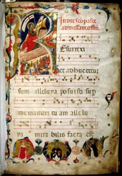 Antifonarium (manuskript av helig musik) med porträtt av Doge Marino Zorzi längst ner till vänster.