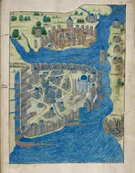 Arundel 93 fol.155 Karta över Konstantinopel och Pera, från 