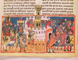 Angrepp på ett fort, ur "Le Vite di Dodici Cesari" av Gaius Suetonius Tranquillus (ca 75-150) (pergament)