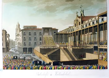 Auto da Fe i Valladolid, från Le Costume Ancien et Moderne av Jules Ferrario, graverad av Bramati och Raineri, publicerad i Milano, ca 1820
