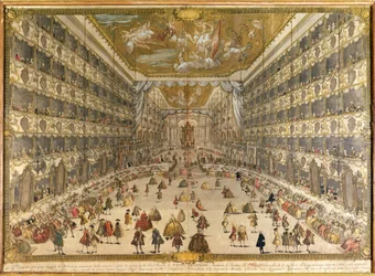 Bal för att hedra ärkehertigen Pietro Leopoldos födelse av Österrike, på Ducal Theatre of Milano den 28 maj 1747 (färgstick)