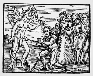 Baptism by the Devil, kopia av en illustration från Compendium Maleficarum av Fr M Guaccius, Milano 1608, använd i History of Magic, publicerad i slutet av 1800-talet