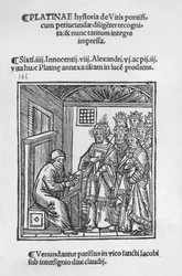Bartolommeo de Sacchi (Platina) skriver "Historien om de romerska påvarnas vinrankor", 1505