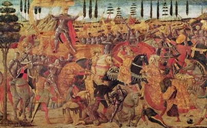 Strid mellan Darius (399-330 f.Kr.) och Alexander den store (356-323 f.Kr.) (olja på panel)