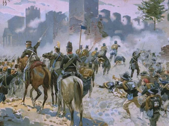 Slaget vid Solferino och San Martino, 24 juni 1859, illustration från ett album om Risorgimentos historia gjord för chokladen Talmone, sent 1800-tal
