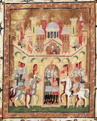 Stridsscen vid Jerusalems murar, från Descriptio Terrae Sanctae av Burcardus Theutonicus eller Burchard of Mount Sion