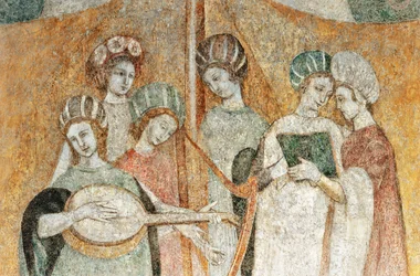 Bicocca degli Arcimboldi: fresk från 1400-talet, detalj av kvinnor som spelar musik (fresk)