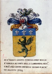 Vapensköld från familjen Greppi i Milano, pansarhjälm, fleur-de-lis och drake. Milanos statsarkiv från 1700-talet