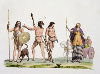 Britanner, kaledonier och drottning Boudicca, plansch 4 ur Nationernas historia
