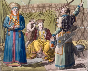 Buryat-familjen i en interiör, från Costume dei... av Giulio Ferrario, ca 1820-30-talet (handfärgad litho)