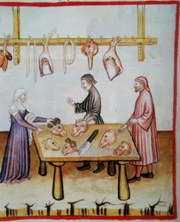 Slaktar djurhuvuden. Belysning från Codex Vindobonensis Series Nova 2644 (fol.76v), Tacuinum Sanitatis