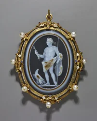 Cameo porträtterar en romersk kejsare som Jupiter, Cameo: Roman, A.D. 41–-54, Ram: Italiensk, sent 1500-tal (cameo: sardonyx; ram: guld, emalj och pärlor)