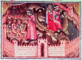 Canto XVII Fyra sodomiter: Dante och Vergilius rider på ryggen av Geryon in i bedragarnas cirkel, från den gudomliga komedin (inferno), ca 1313