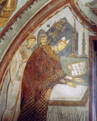 Kardinal Ugolino di Ostia (senare påven Gregorius IX), inviger kapellet, St. Gregorys kapell, ca 1224