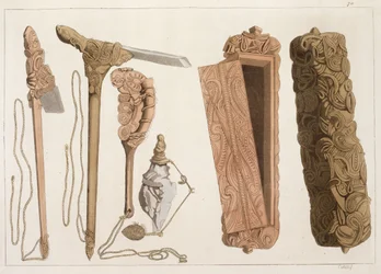 Snidade och dekorerade aboriginska verktyg, illustration från en samling reseböcker från tidigt 1800-tal