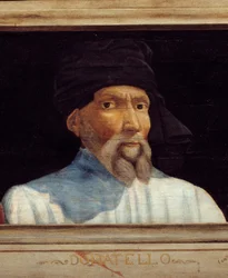 Cassone med fem porträtt av mästaren från den florentinska renässansen med porträttet av Donatello (dit), Donato di Niccolo di Betto Bardi (1386-1466). Inskriften nedan är troligen successiv. Musée du Louvre, Paris - Cassone-panel med f