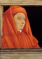 Cassone med 5 porträtt av mästaren under den florentinska renässansen, detalj med porträttet av Bondone Ambrogio dit Giotto di Bondone (ca 1267-1337), 1500-talets italienska skola, olja på trä. Inskriften nedan är troligen successiv. Museet d