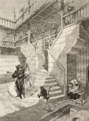 Slottsgård, medeltida by i Turin, Italien, gravyr av Bonamore från L