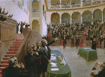 Cavour får det första italienska nationalparlamentet att applådera kung Viktor Emanuel II (1820-78) den 18 februari 1861, illustration ur ett album om Risorgimentos historia, framställt för chokladen