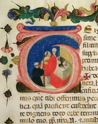 Firande av eukaristin, från en Mariegola från lekmannagillet St. Hieronymus, ca 1400 (bläck & bladguld på veläng)