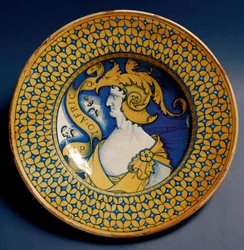 Keramikfat dekorerat med en framställning av Scipio Africanus (185-129 f.Kr.), tillverkat i Deruta, Italien. Omkring 1520. Florens, Museo Nazionale del Bargello