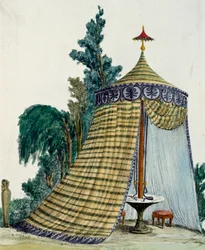 Kinesisk paviljong i trädgård, cirka 1810, gravyr, Italien