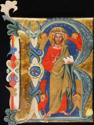 Christ the Redeemer - Initial R från ett upplyst manuskript i stort format, ca 1380