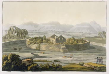 Cirkulär fästning i Cannar, Peru, från Le Costume Ancien et Moderne, Volym II, plåt 1, av Jules Ferrario, publicerad ca 1820-30-talet