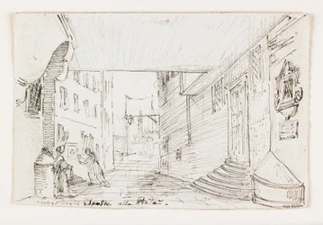 City Street i Genua, med fyren och hamnen i bakgrunden, tidigt 1800-tal (penna och brunt bläck över svart krita)