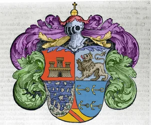 Sjöfararen Christofer Columbus (1451-1506) vapensköld: sköldens fyra delar visar upptill staden Kastilien och León, nedtill de upptäckta öarna och amiralens ankarsymboler. Gravyr ur boken ”Navigationi and Viaggi”