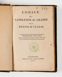 Napoleon den stores kod för kungariket Italien, öppen på titelsidan, publicerad Firenze, Molini, Landi et Cie, 1806 (tryckt papper)