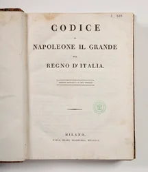 Napoleon den stores kod för kungariket Italien, öppen på titelsidan, publicerad Milano, dalla reale Stamperia, 1806 (tryckt papper)