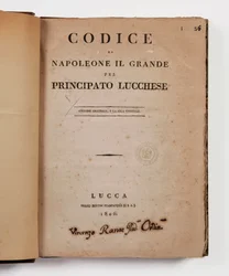 Napoleon den stores kod för furstendömet Lucca, första officiella upplagan, Lucca, Presso Bertini, 1806, och landsbygdskoden för furstendömena Lucca och Piombino, Lucca, Fr. Bertini, 1807