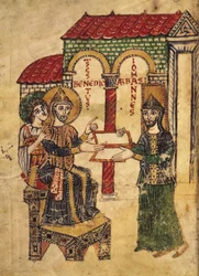 Codex 73 Abbot John erbjuder manuskriptet till St. Benedict (c.480-c.550), abbot och grundare av Montecassino, skriven av diakonen Paul, italienska, 915, från Commentary on the monastic rule of St. Ben