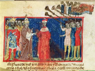 Codex Correr I 383 Doge Sebastiani Ziani får en petition från påven Alexander III (1159-81) och kejsar Fredrik Barbarossa (ca 1123-90)