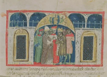 Codex Correr I 383 Freden mellan påven Alexander III (1159-81) och kejsar Fredrik Barbarossa (ca 1123-1190) på Markusplatsen (pergament)