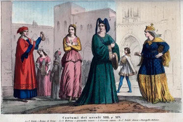 Klädedräkter i Siena mellan 1200- och 1300-talet - gravyr ur "Usi e Costumi di Tutti i Popoli dell