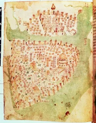 Bomull Vespasianus A. XIII, f.36v: Karta över Konstantinopel, ca 1450 (vellum)