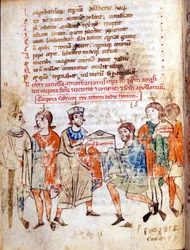 Mathildes hov av Canossa (eller grevinnan Mathilde av Toscana) (1046 - 1115) i "" Vita Mathildis""" av Donizone, manuskript från 1200-talet. Lucca, Bibl, Governativa.