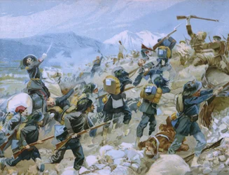 Krimkriget och slaget vid Chernaya, 16 augusti 1855, illustration från ett album om Risorgimentos historia gjord för chokladen Talmone, sent 1800-tal